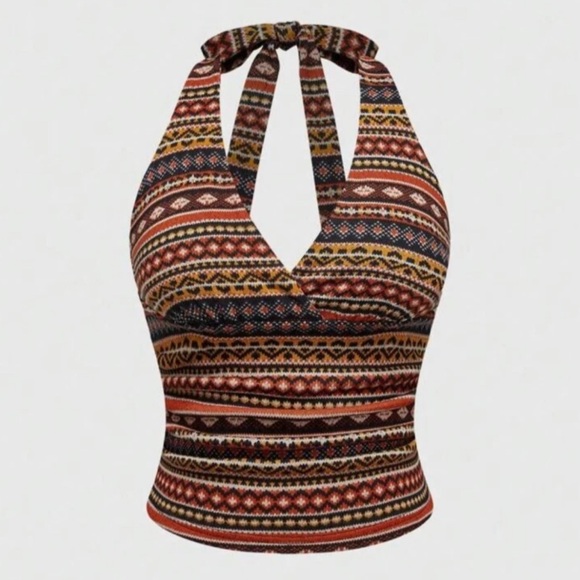 Romwe HALTER TOP Retro Hippie Style Brown Boho Totem Pattern Size Small (4) - Picture 1 of 7